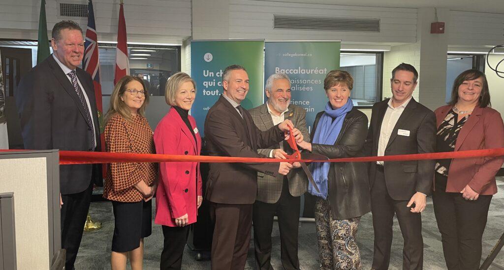 Ribbon cutting: Daniel Giroux, President at Collège Boréal, Marc Serré MP, Marie-Claude Bibeau, Minister of National Revenue, Mayor Kathleen Thorne Rochon, with other participants.