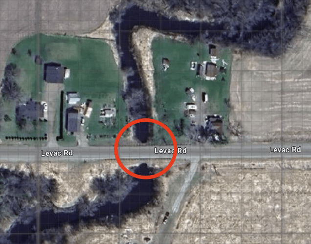 Aerial view of Levac Road in West Nipissing (between Arcand Road and Beaudry Road). There is a red circle in the centre of the image which highlights where the road work and lane closure will be taking place.